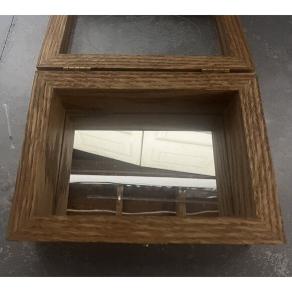 VTG‎ Wooden Hinged Jewelry Trinket Box Flowers Butterfly Glass Top Mirror Bottom - Picture 3 of 7